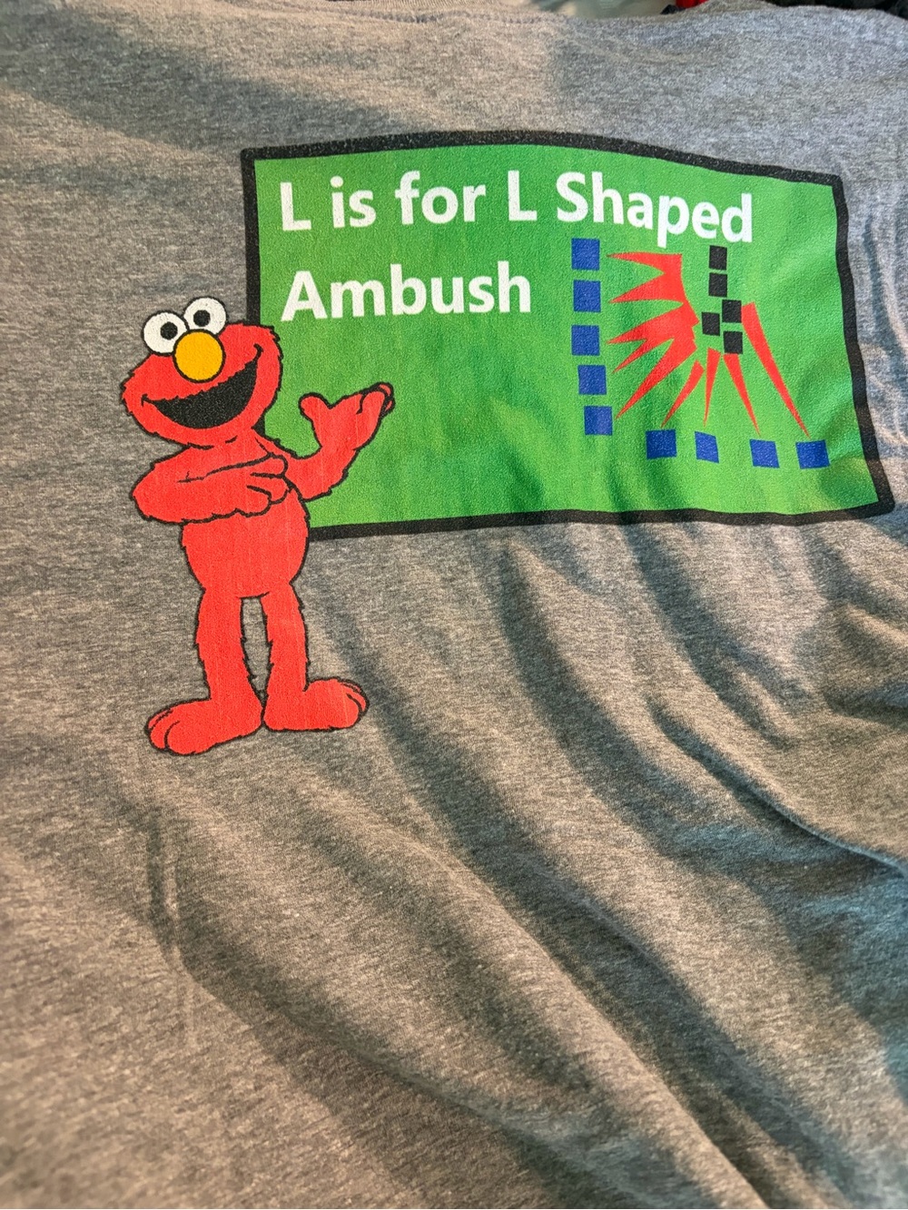 Gray men’s Elmo Graphic Tee - 'L is for L Shaped Ambush'